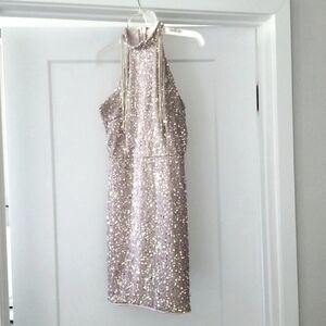 Crystals Sequined and Chains Cream Dress New Size S